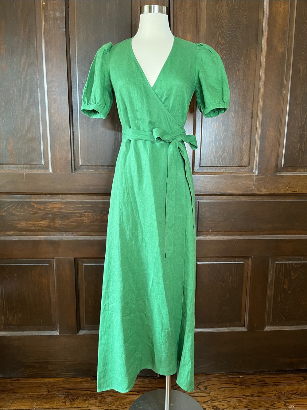 Reformation Green Linen Midi Wrap Dress Size XS Puff Sleeves V-Neck NWOT